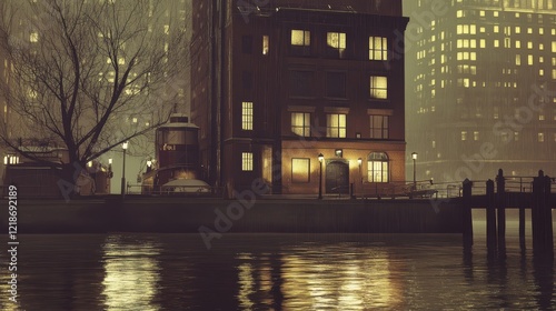 Nighttime Cityscape Rain Illuminated Building Waterfront Scene