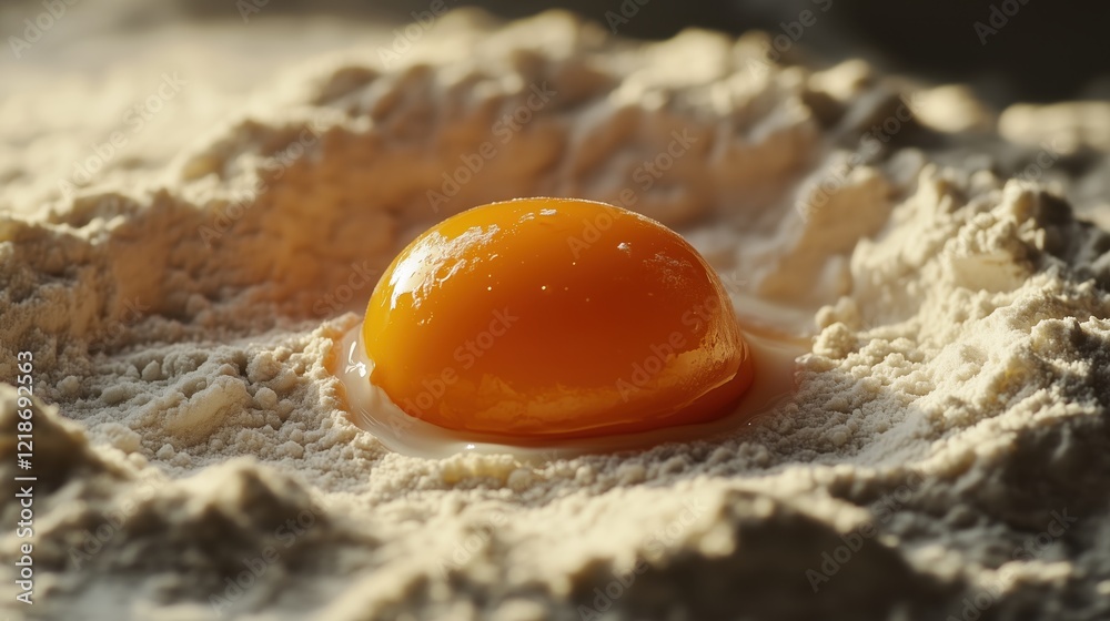 The raw egg, cradled in a mound of flour, creates a classic and inviting baking scene, highlighting simplicity and tradition in the kitchen.
The raw egg, cradled in a mound of flour, creates a classic and inviting baking scene, highlighting simplicity and tradition in the kitchen.