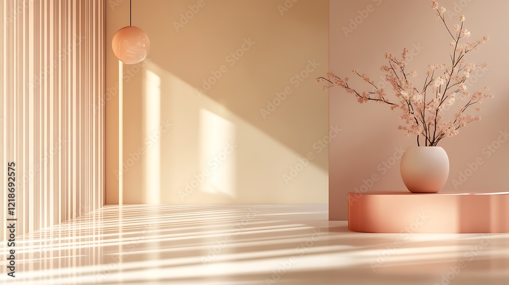Minimalist peach room interior with blossom branch in vase, sunlight. Minimalist peach room interior with blossom branch in vase, sunlight.