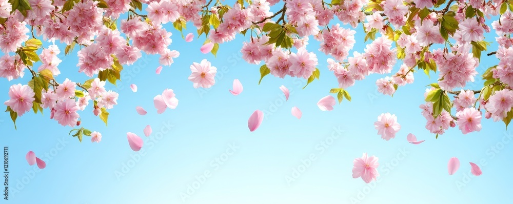 Pink Cherry Blossom Spring Shower Horizontal Composition, Pastel Sky Background, Falling Petals, Floral Design Cherry blossoms, spring Pink Cherry Blossom Spring Shower Horizontal Composition, Pastel Sky Background, Falling Petals, Floral Design Cherry blossoms, spring