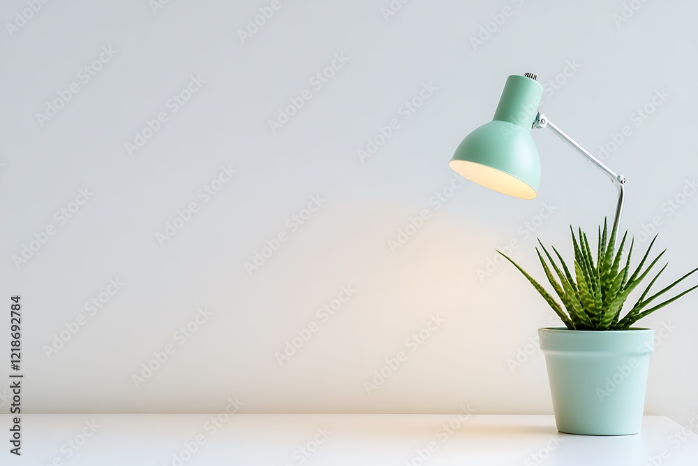 Pastel Green Desk Lamp & Succulent Plant on White Surface Pastel Green Desk Lamp & Succulent Plant on White Surface