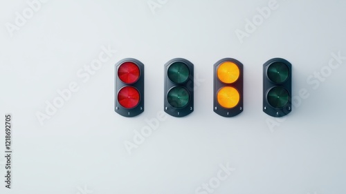 Trio of vertical traffic lights showing red and yellow signals against a clear blue sky.