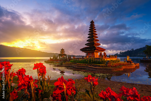 Beautiful landmark, pura ulun danu bratan temple in Bali, indonesia on sunrise. Bali, Indonesia.