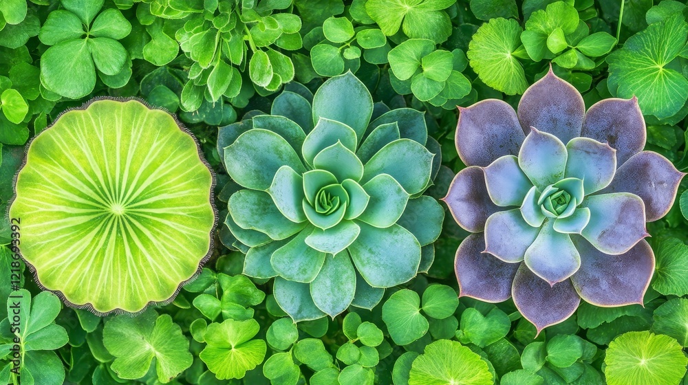 Three Succulents and Green Foliage Flatlay Composition, Nature Photography, Botanical Concept Succulents, Flatlay