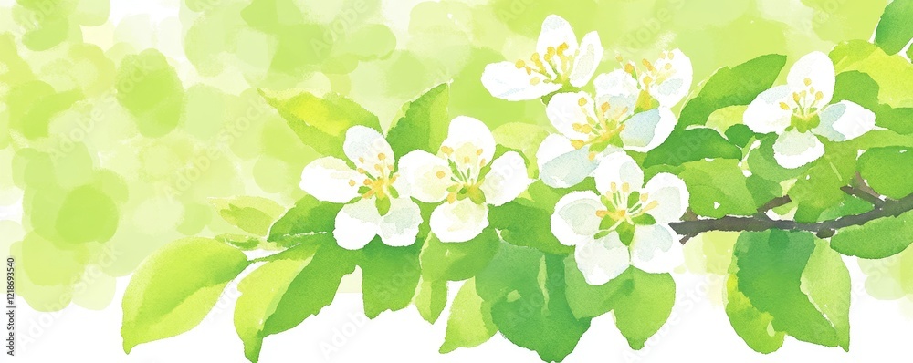 Watercolor Blossom Branch Green Leaves, White Flowers, Spring Concept, Watercolor Painting Keywords Spring, Blossom Watercolor Blossom Branch Green Leaves, White Flowers, Spring Concept, Watercolor Painting Keywords Spring, Blossom