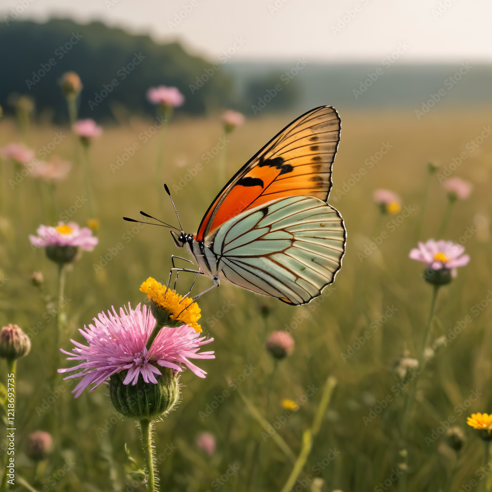 Naklejka premium A butterfly gracefully rests on vibrant flowers in a sunlit meadow