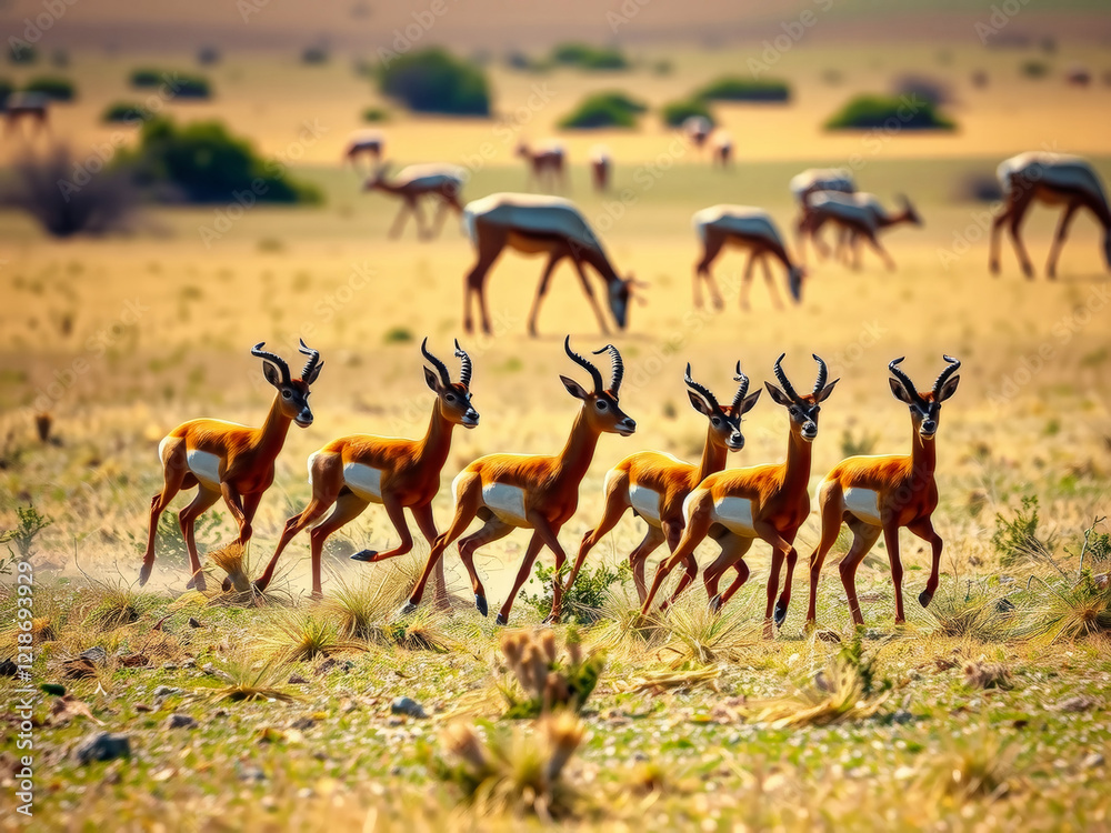 A herd of antelopes running across a field. The antelopes are in a line and are running in different directions A herd of antelopes running across a field. The antelopes are in a line and are running in different directions