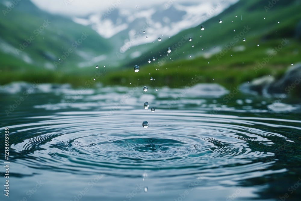 Raindrops Falling on Calm Mountain Lake Water Raindrops Falling on Calm Mountain Lake Water