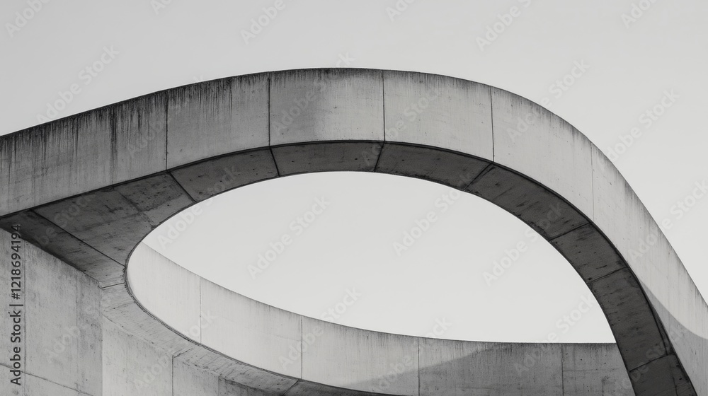 Fototapeta premium Abstract grayscale image of a curved concrete architectural detail against a light sky.