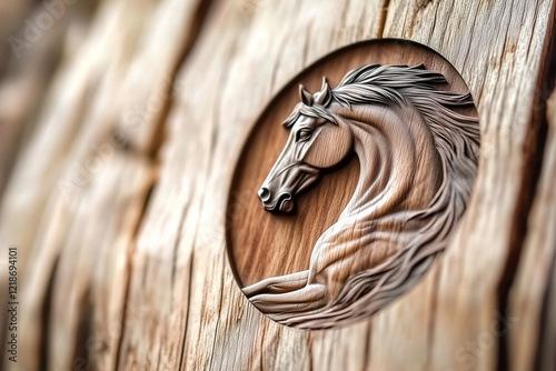 Wood Carving of a Horse Head in Intricate Detail Showcasing Artistry and Craftsmanship on a Wooden Surface photo