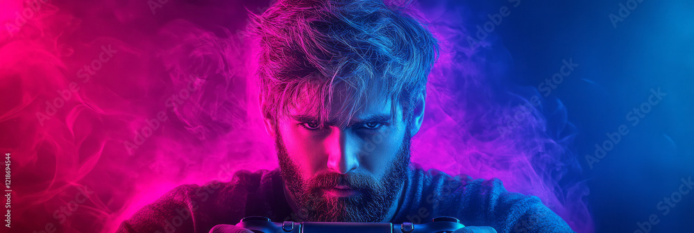 A gamer intensely focused on a screen, with vibrant graphics and fast reflexes in play, A gamer intensely focused on a screen, with vibrant graphics and fast reflexes in play,