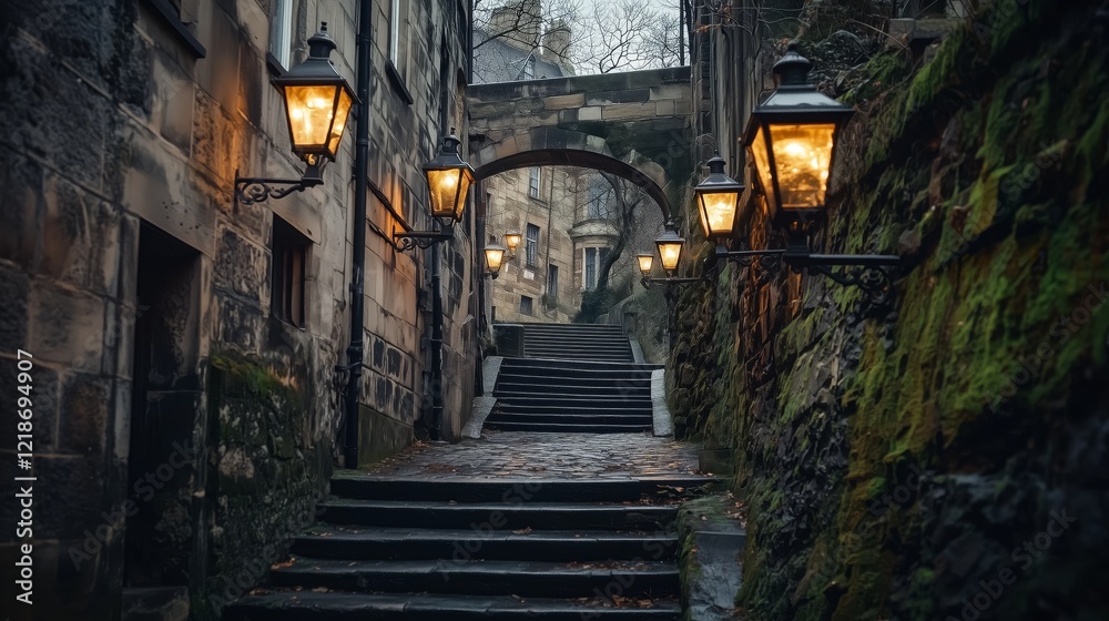 Serene Cobblestone Alleyway with Lanterns at Dusk Serene Cobblestone Alleyway with Lanterns at Dusk
