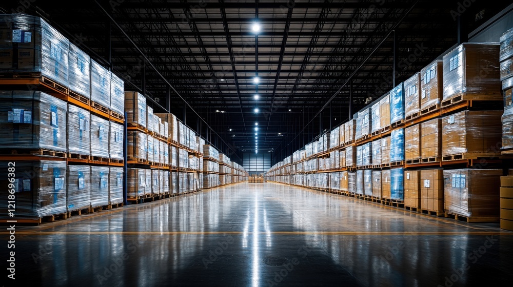 Fototapeta premium A vast warehouse filled with neatly stacked pallets, showcasing organized inventory and bright lighting