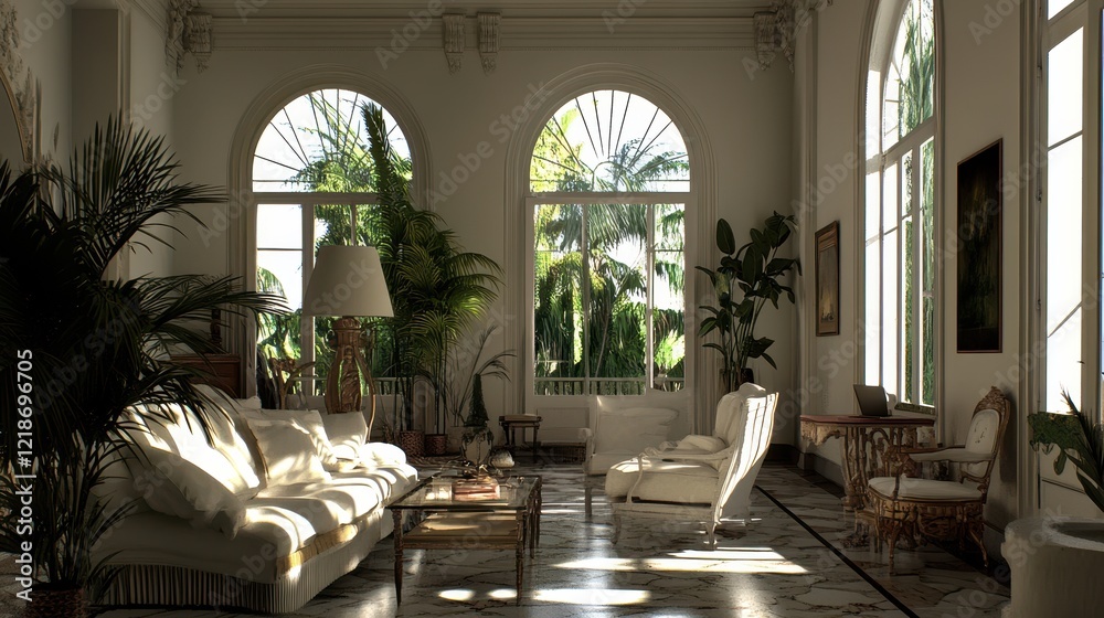 Luxurious Living Room With Tropical Views and Classic Furniture Luxurious Living Room With Tropical Views and Classic Furniture
