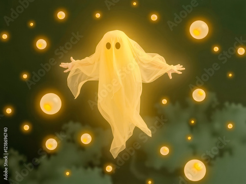 A ghostly figure is floating in the air with a yellow sheet around it. The scene is illuminated by a light source, creating a spooky and eerie atmosphere