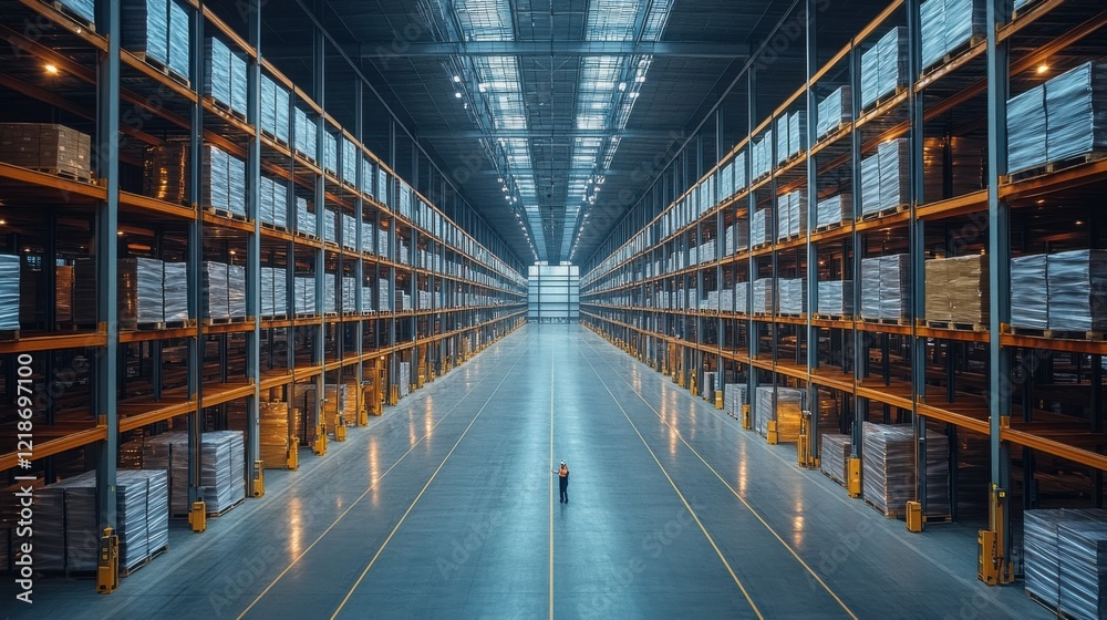 Fototapeta premium A vast warehouse interior showcasing organized shelves filled with goods and an employee inspecting inventory