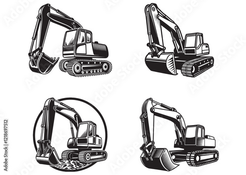 excavator logo silhouette vector design, excavator logo icon vector, black digger Silhouette, silhouette of excavator, excavator silhouette vector isolated on a white background