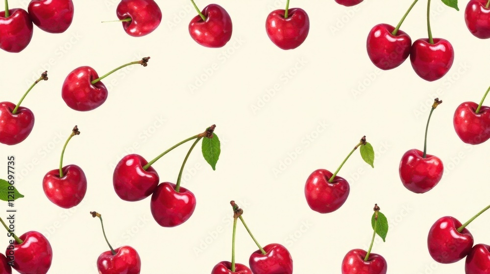 A Delightful Arrangement of Vibrant Red Cherries with Lush Green Leaves on a Soft Off-White Background A Delightful Arrangement of Vibrant Red Cherries with Lush Green Leaves on a Soft Off-White Background