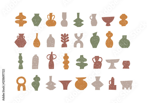 Set of different pottery vases and ceramic shapes. Silhouette Icons with grunge texture. Vector illustration.