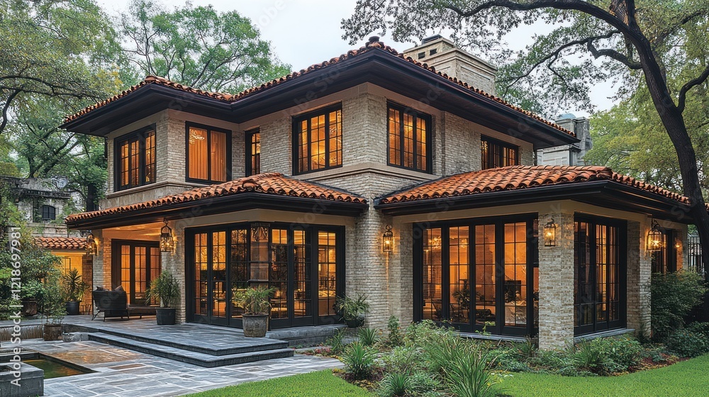 Luxury Home Dusk Exterior, Landscaping, Windows Luxury Home Dusk Exterior, Landscaping, Windows