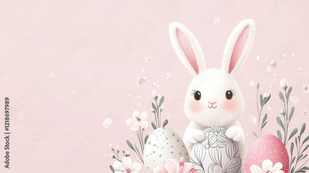 Adorable bunny creating designs on eggs surrounded by spring blooms Adorable bunny creating designs on eggs surrounded by spring blooms