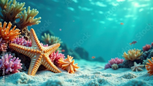 Ocean floor scene with starfish and vibrant coral reefs thriving in a pristine underwater paradise