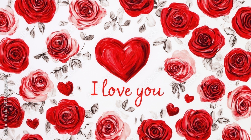 Fototapeta premium The heart-shaped red roses stand out beautifully against the white background, accompanied by the romantic inscription I Love You.