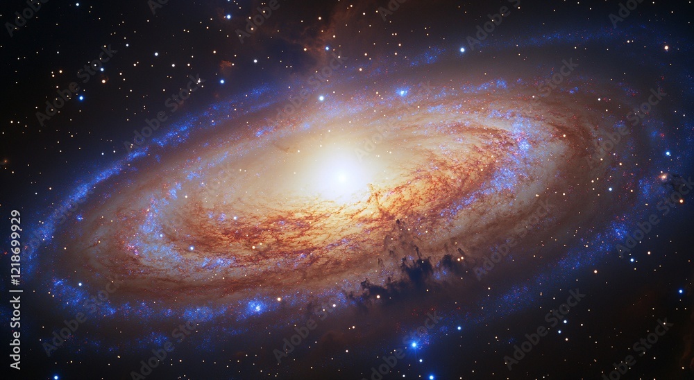 Fototapeta premium Spiral galaxy with bright core and dust lanes in deep space