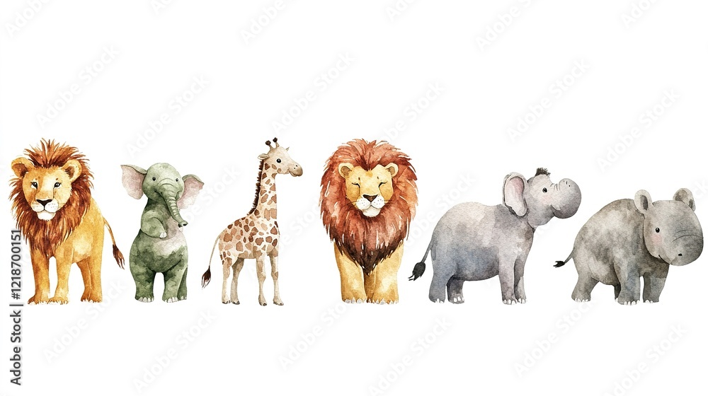 Fototapeta premium Cute safari animal clipart bundle in soft watercolor, ideal for baby showers