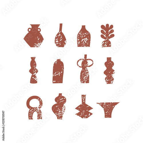 Set of different pottery vases and ceramic shapes. Silhouette Icons with grunge texture. Vector illustration.