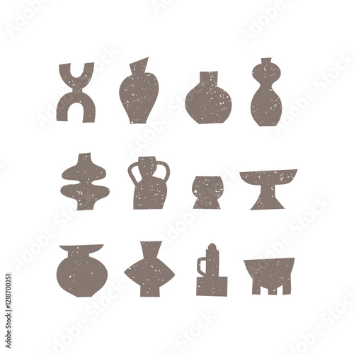 Set of different pottery vases and ceramic shapes. Silhouette Icons with grunge texture. Vector illustration.
