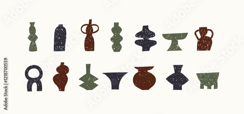 Set of different pottery vases and ceramic shapes. Silhouette Icons with grunge texture. Vector illustration.