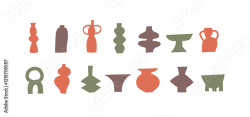 Set of different pottery vases and ceramic shapes. Silhouette Icons. Vector illustration.