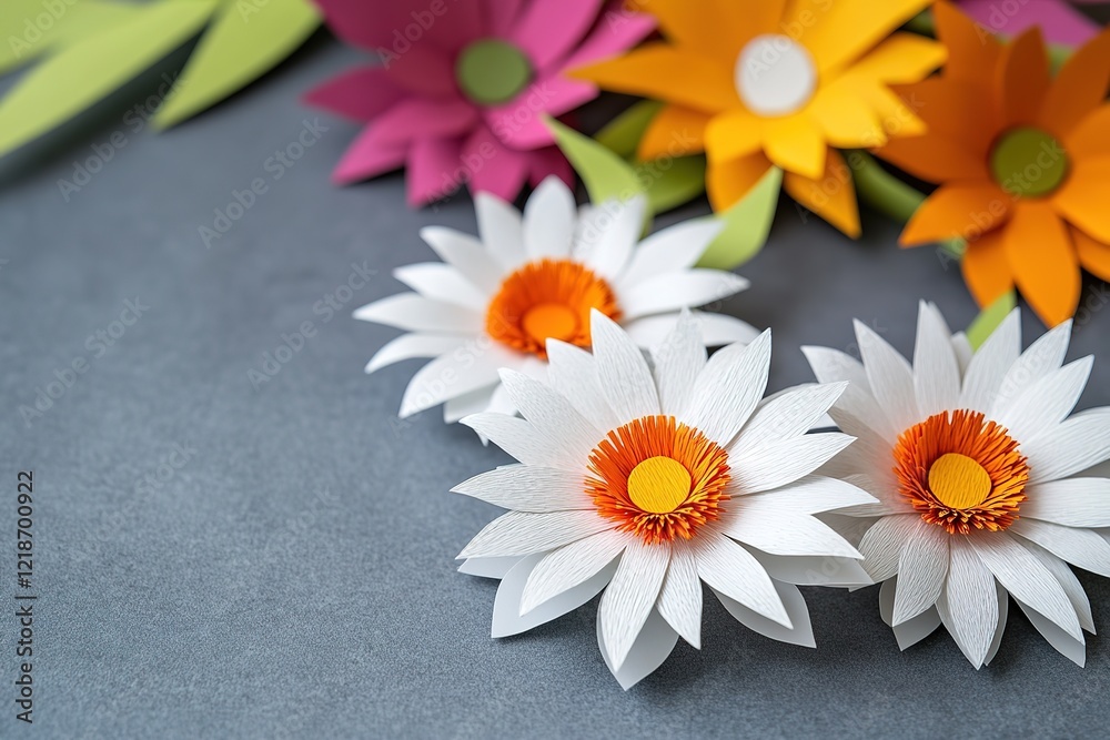 Obraz premium Colorful Paper Flowers Arrangement on a Gray Background