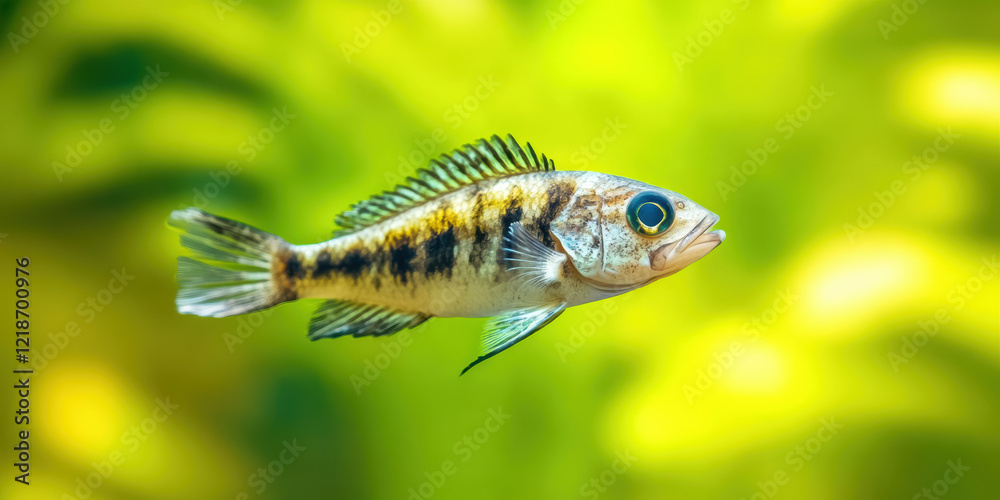 Colorful tropical fish swimming against vibrant green aquatic background in a freshwater aquarium Colorful tropical fish swimming against vibrant green aquatic background in a freshwater aquarium