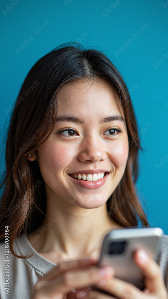 Vibrant Close-Up Portrait of a Joyful Young Woman Using a 5G Dating App, Ideal for Tech and Romance Marketing Campaigns Vibrant Close-Up Portrait of a Joyful Young Woman Using a 5G Dating App, Ideal for Tech and Romance Marketing Campaigns