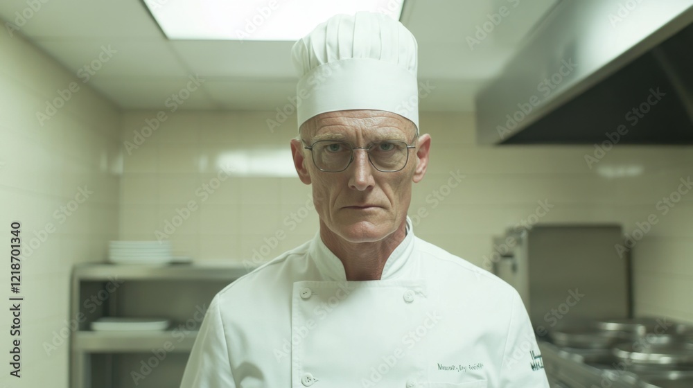 Serious male chef in a white uniform and hat in a professional kitchen. Serious male chef in a white uniform and hat in a professional kitchen.