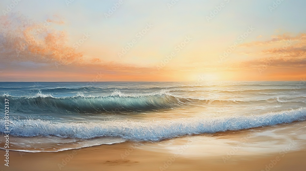 Peaceful beach horizon at sunset, gentle waves and a sky fading into evening hues Peaceful beach horizon at sunset, gentle waves and a sky fading into evening hues