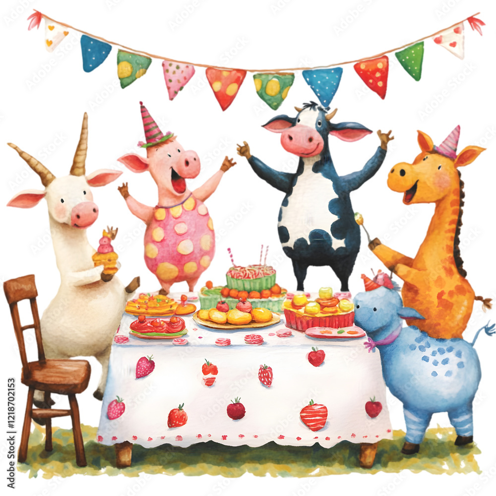 Fototapeta premium scene with farm animals dancing around a table filled with treats isolated on white background 