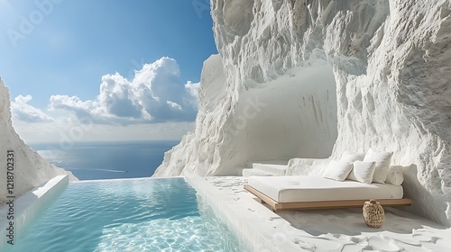 Fototapeta Naklejka Na Ścianę i Meble -  A luxury white beach hotel with a poolside sunbed and stunning sea views, perfect for vacation relaxation.