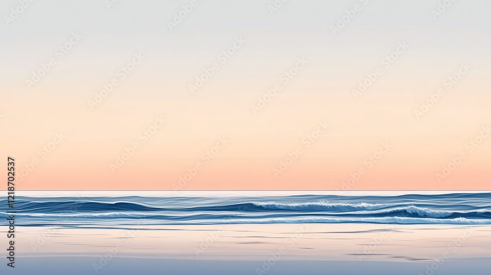 Obraz premium Serene sunset over a calm beach, waves softly lapping under a clear evening sky