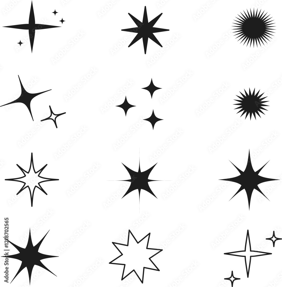 A collection of icons of stars and sparks. A set of star shapes. Abstract symbols are ideal for designing posters, projects, banners, logos. Vector illustration. A collection of icons of stars and sparks. A set of star shapes. Abstract symbols are ideal for designing posters, projects, banners, logos. Vector illustration.