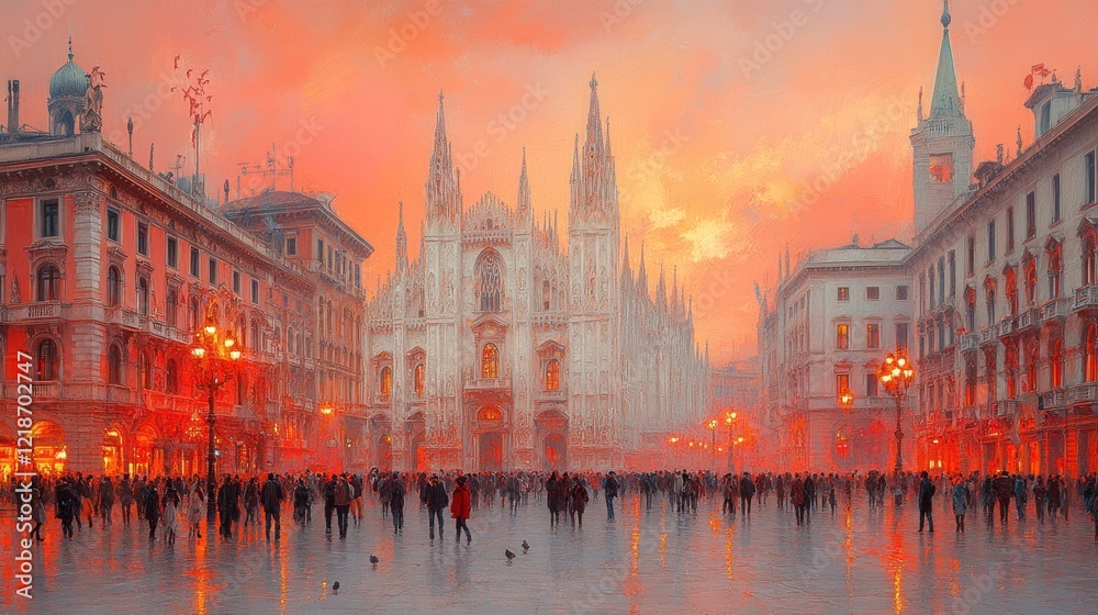 Naklejka premium Milan sunset, cathedral square, crowd, dusk, city