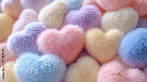 Fluffy pastel hearts in pink, blue, yellow, and purple hues arranged together. Cozy Valentines Day