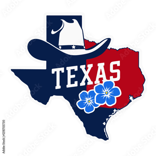 Texas Map Illustration with Cowboy Hat and Bluebonnet Flower