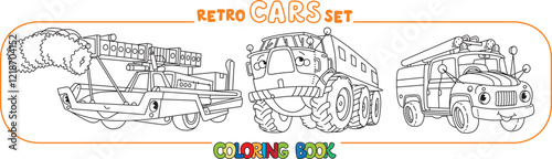 Funny retro cars with eyes and mouth. Rare soviet vehicles. Children vector illustration. Coloring book set for kids