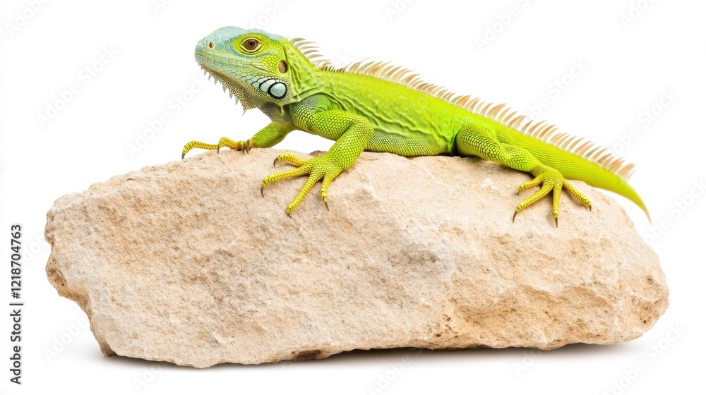 Fototapeta premium Green Iguana Resting on a Light Beige Rock Against White Background