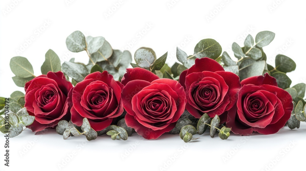 Obraz premium Red roses and eucalyptus arrangement, white background, romantic, Valentine's Day