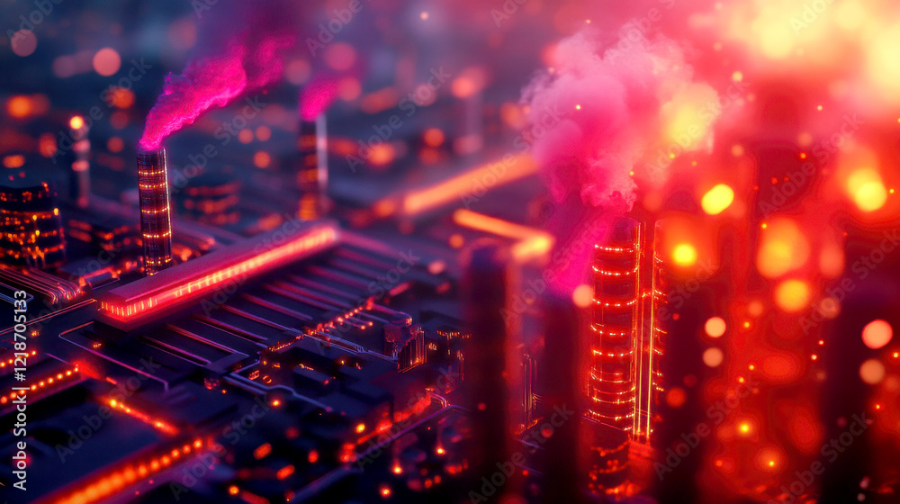 Fototapeta premium A vibrant, illuminated industrial landscape at night.