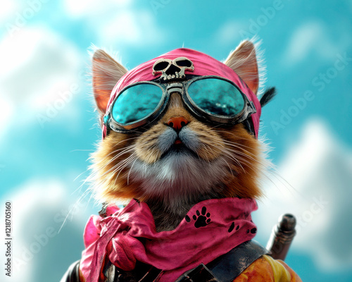 A whimsical cat wearing aviator goggles and a pink bandana. photo